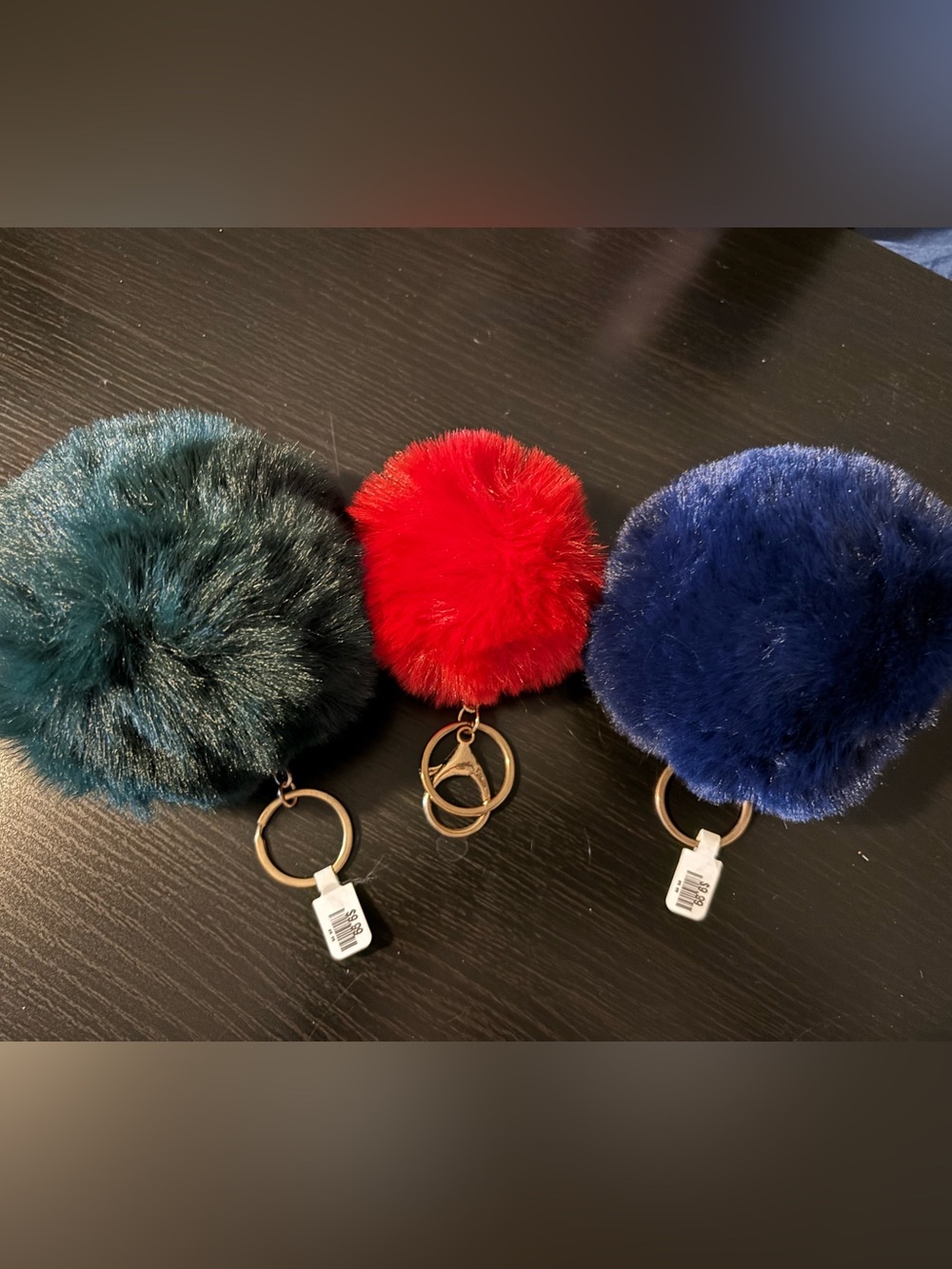 Plush Pom Pom Bag Charms/Keychains- Set of Three in Green, Red, and BlueFaux Fur
